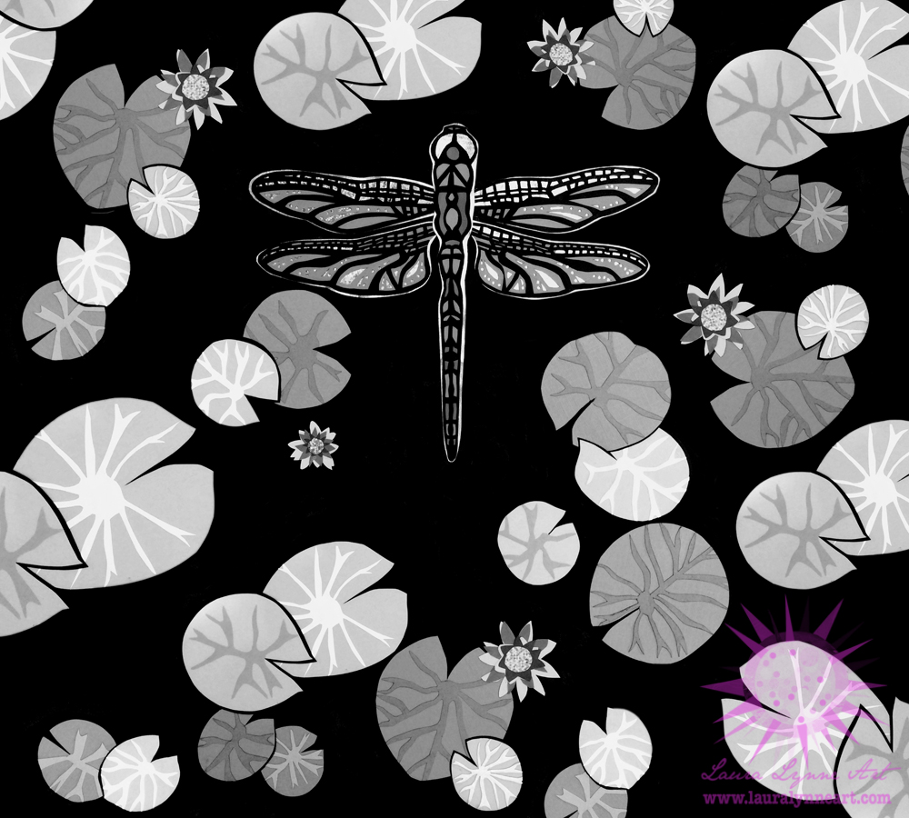 black and white dragonfly illustration with lily pads and lotus