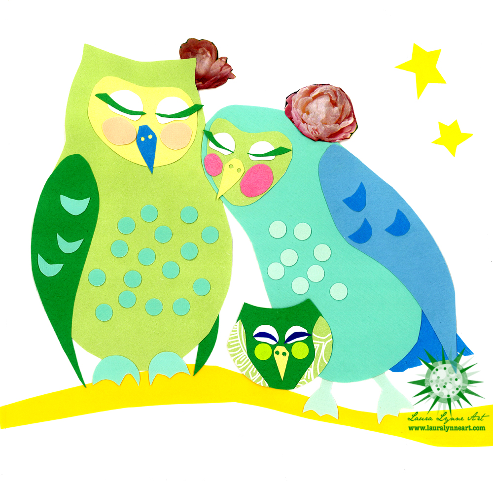 Lesbian owl family illustration for baby shower gift