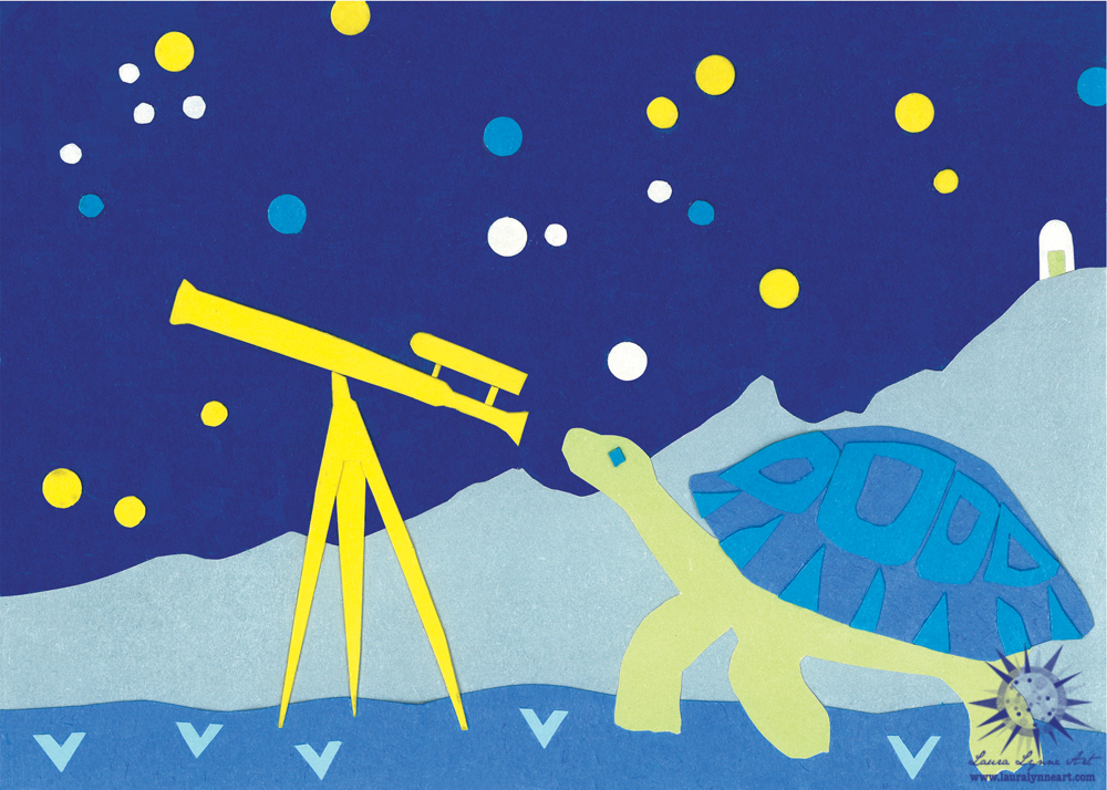 Turtle looking through a vintage telescope with stars