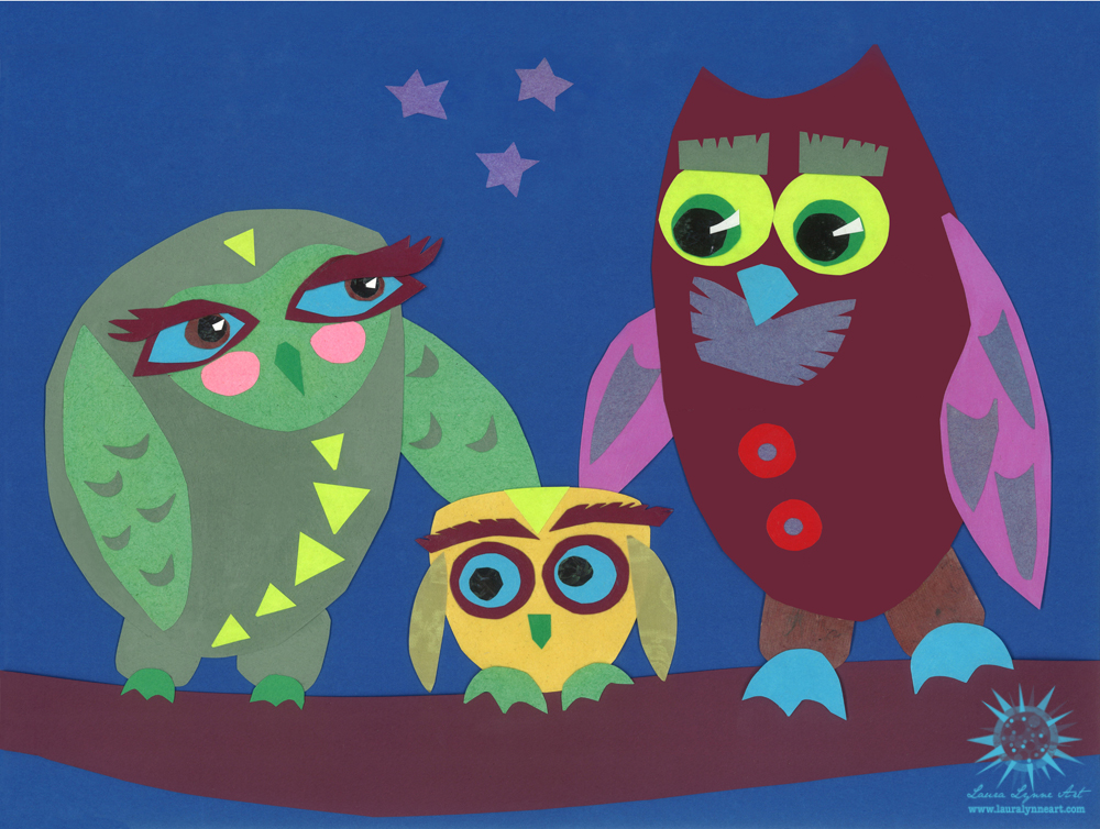 gender neutral owl family of three with deep blue background