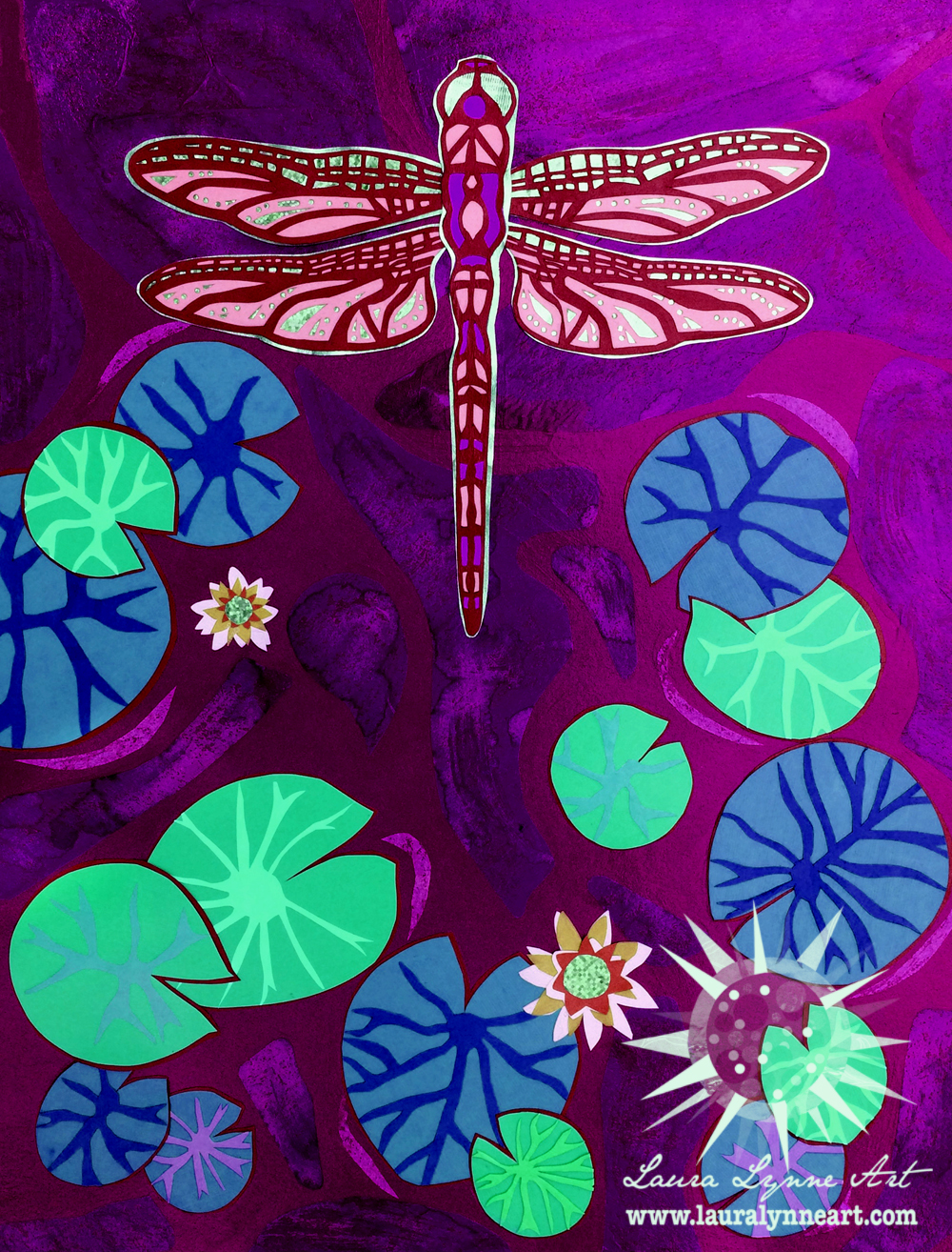 dragonfly art by mixed media collage artist laura lynne with hot pink mint green and purple colors