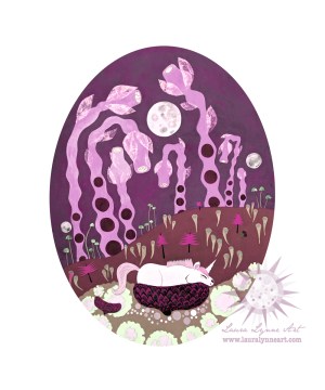 Magical purple baby unicorn wall art print for sale by Laura Lynne Art
