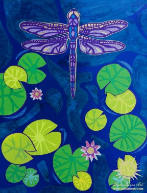 Colorful blue modern dragonfly wall art print for sale by Laura Lynne Art
