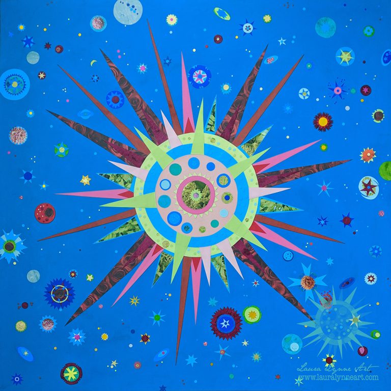 Large Scale Original Sun and Star Celestial Mixed Media Art in Blue by Laura Lynne