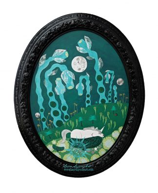 Oval Green Unicorn Mixed Media Art with Vintage Oval Frame