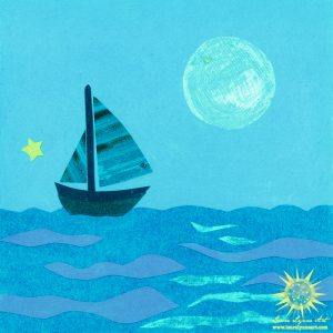 Blue Sailboat with Full Moon and Ocean Illustration