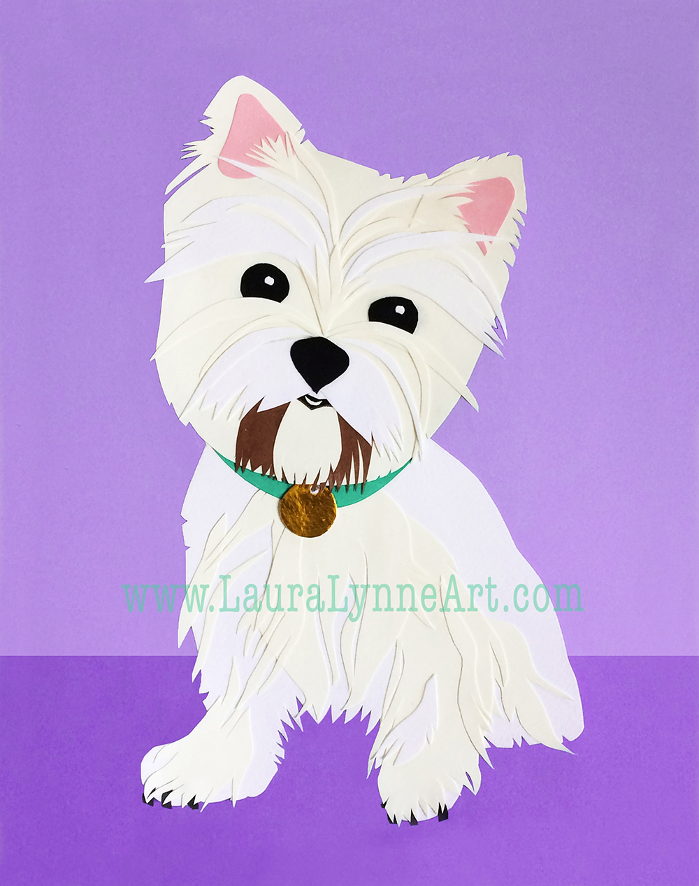 Westie Pet Portrait paper collage with colorful purple background by Laura Lynne Art