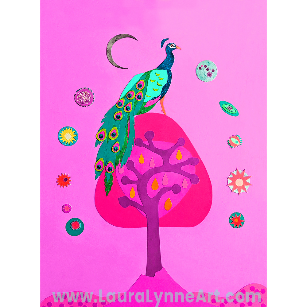 Pink peacock on tree celestial wall art print by Laura Lynne Art