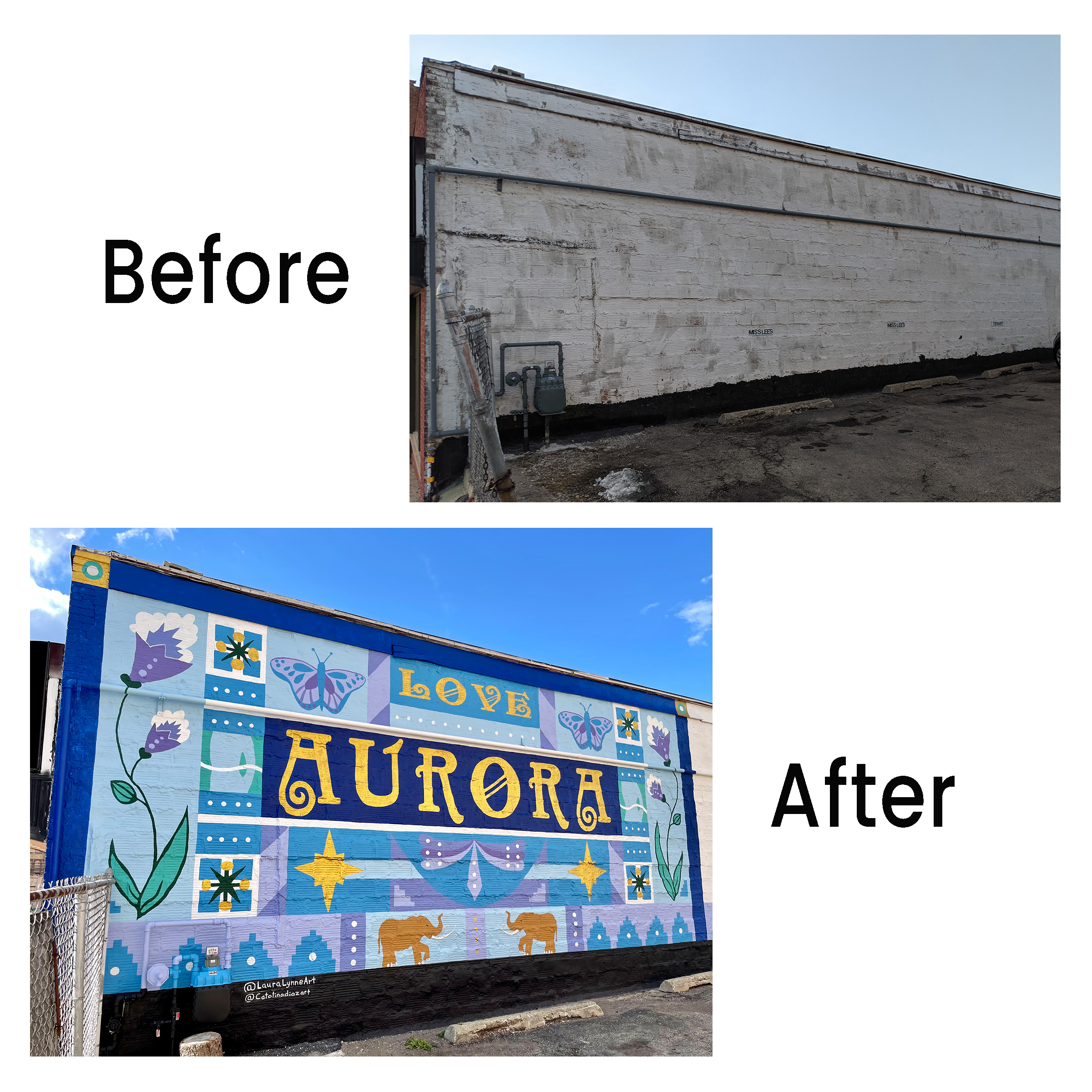 before and after photo of mural wall improvement to city