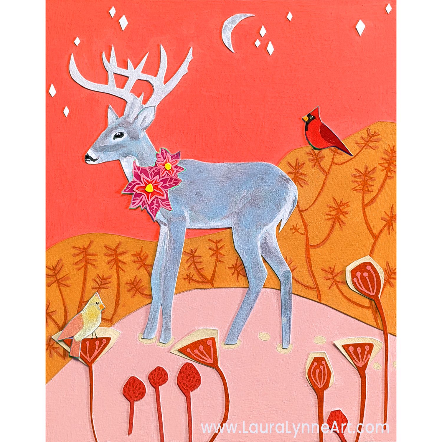 winter deer and cardinals wall art print illustration by Laura Lynne