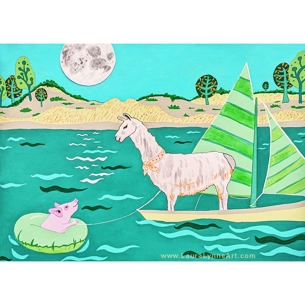 Green Llama and Pig Sailing Nautical Nursery Wall Art