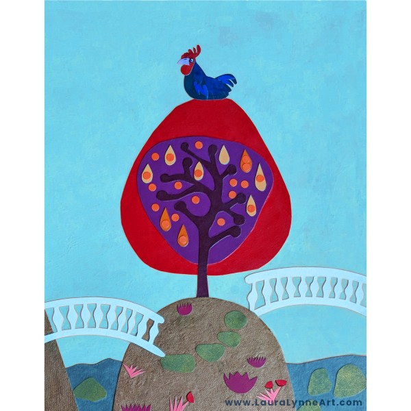 blue rooster on red fruit tree fine art print of collage by Laura Lynne Art